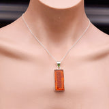 100% Solid Sterling Silver & Natural Amber Handmade Rectangle Pendant Necklace