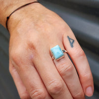 (Q) Solid Sterling Silver & Natural Larimar Handmade Solitaire Ring