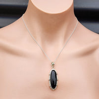 Solid Sterling Silver & Natural Black Onyx Handmade Pendant & Chain Necklace