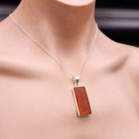 100% Solid Sterling Silver & Natural Amber Handmade Rectangle Pendant Necklace