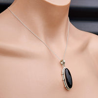 Solid Sterling Silver & Natural Black Onyx Handmade Pendant & Chain Necklace