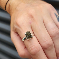 (T) Solid Sterling Silver & Natural Raw Moldavite Handmade Solitaire Ring