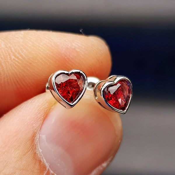 Natural Garnet & Solid Silver Heart Stud Earrings