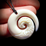 Natural Carved Maori Bone Carving Pendant Necklace - Etched Koru