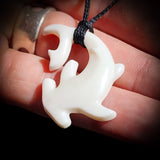 Natural Maori Bone Carving Pendant Necklace - Hammer Head Shark