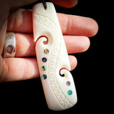 Natural Maori Bone Carving Pendant Necklace - Toki With Paua Inlays