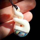 Natural Carved Maori Bone & Paua Carving Pendant Necklace - Double Twist