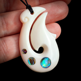 Natural Carved Maori Bone Carving Pendant Necklace - Hook With Paua Inlay