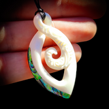 Natural Maori Bone Carving Pendant Necklace - Etched Koru Paua Pendant