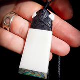 Natural Maori Bone Carving Pendant Necklace - Toki With Paua