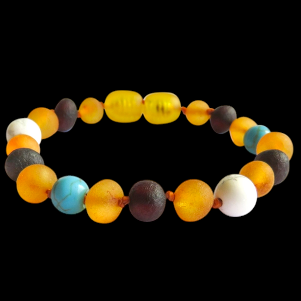 Amber Teething Bracelet / Anklet - Raw Honey & Cherry with Turquoise Stones