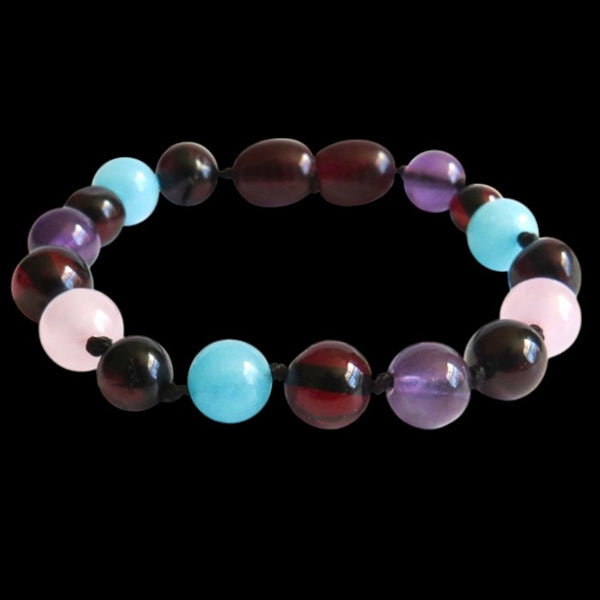 Amber Teething Bracelet / Anklet - Cherry Amber, Amethyst, Rose Quartz, Amazonite