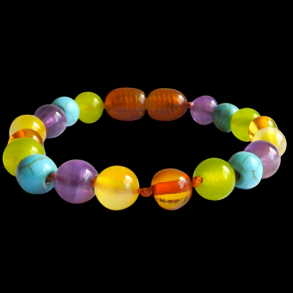 Amber Teething Bracelet / Anklet - Rainbow Mix - Mixed Gemstones & Honey Amber