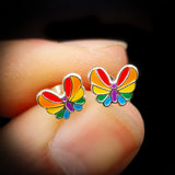Childrens 925 Sterling Silver Rainbow Butterfly Stud Earrings