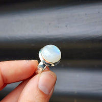 (Q) Solid Sterling Silver & Natural Round Moonstone Handmade Solitaire Ring
