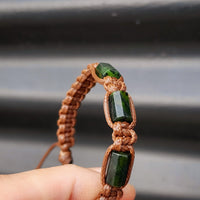 Natural Dark Nephrite Greenstone Cylinder Macrame Bracelet (BROWN)