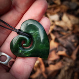 NZ Greenstone Pounamu Koru Heart Pendant Necklace (N880)