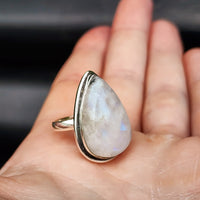 (Q) Solid Sterling Silver & Natural Moonstone Handmade Solitaire Pear Ring