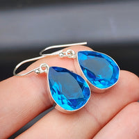 Solid Sterling Silver & Blue Topaz Handmade Hanging Hook Earrings
