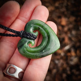 NZ Greenstone Pounamu Double Koru Heart Pendant Necklace (N876)