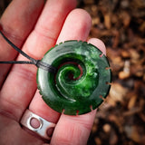 NZ Greenstone Pounamu Notched Koru Pendant Necklace (N905)