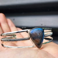 Solid Sterling Silver & Natural Labradorite Handmade Cuff Bracelet
