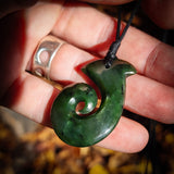 NZ Greenstone Pounamu Koru Hook Pendant Necklace (N830)