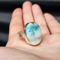 (T) Solid Sterling Silver & Natural Blue Larimar Handmade Solitaire Ring