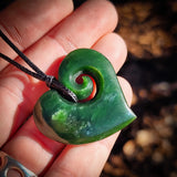 NZ Greenstone Pounamu Koru Heart Pendant Necklace (N861)