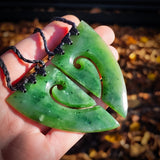 2pcs Matching NZ Greenstone Pounamu Koru Heart Pendant Necklace Pair (N831)