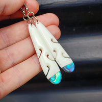 Natural Hand Carved Maori Bone Carving & Paua Earrings - Oval Paua Drops