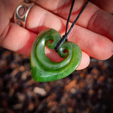 NZ Greenstone Pounamu Double Koru Heart Pendant Necklace (N1032)