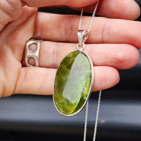 Solid Sterling Silver & Natural Nephrite Greenstone Handmade Oval Necklace
