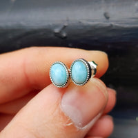 Natural Larimar & Solid 925 Sterling Silver Round Stud Earrings