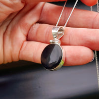 Solid Sterling Silver & Natural Black Onyx Handmade Round Pendant Necklace