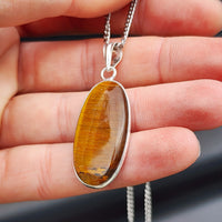 Silver Plated & Natural Tiger Eye Handmade Oval Pendant & Chain Necklace (30X17)