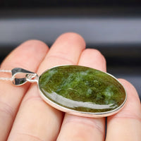 Solid Sterling Silver & Natural Greenstone Handmade Oval Pendant Necklace