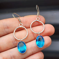 Solid Sterling Silver & Blue Topaz Handmade Hanging Hook Earrings
