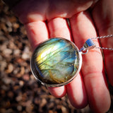 CLEARANCE Solid 925 Sterling Silver & Natural Labradorite Round Pendant Necklace