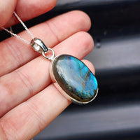 Solid Sterling Silver & Natural Labradorite Handmade Oval Pendant & Chain Necklace