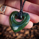 NZ Greenstone Pounamu Double Koru Heart Pendant Necklace (N854)