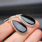 Solid Sterling Silver & Natural Black Onyx Handmade Hanging Hook Earrings