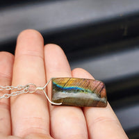 Solid Sterling Silver & Natural Labradorite Rectangle Pendant & Chain Necklace
