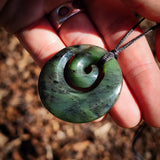 NZ Greenstone Pounamu Round Koru Pendant Necklace (N1022)