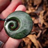 NZ Greenstone Pounamu Round Koru Pendant Necklace (N871)