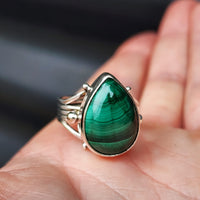 (Q) Solid Sterling Silver & Natural Malachite Handmade Rustic Solitaire Ring
