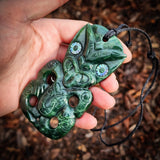 Natural Nephrite Jade XL Hei Tiki Pendant Necklace (N1056)