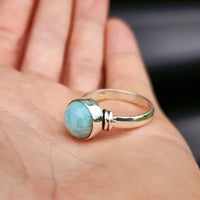 (T) Solid Sterling Silver & Natural Larimar Handmade Round Solitaire Ring
