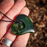 NZ Greenstone Pounamu Koru Heart Pendant Necklace (N952)