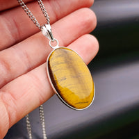 Silver Plated & Natural Tiger Eye Handmade Oval Pendant & Chain Necklace (30X25)